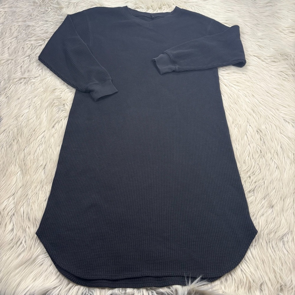Uniqlo Women's XS Black Waffle Knit V-Neck Shift Dress Cabincore Lounge Cozycore